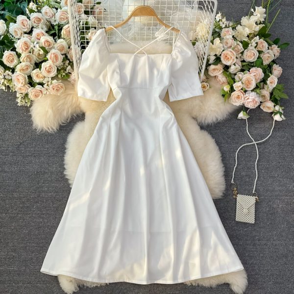 First Love Bubble Sleeve Square Collar White Chiffon Dress New Women's Summer French Gentle Sweet Super Fairy Dress - Image 5