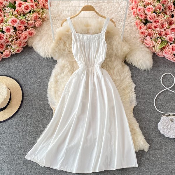 Summer New French Retro Girl's First Love A- line Dress Waist Slimming Gentle Sweet Spaghetti-Strap Dress - Image 3