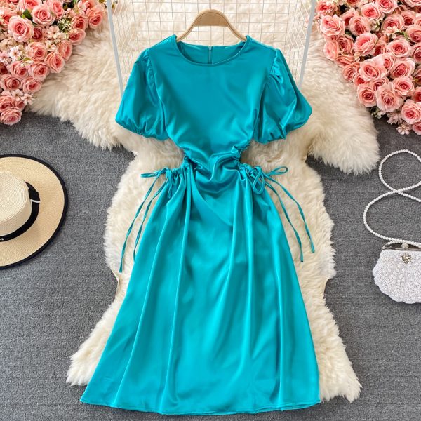 Round neck high waist puff sleeve satin dress female summer French light mature wind waist hollow open waist mid-length skirt - Image 2