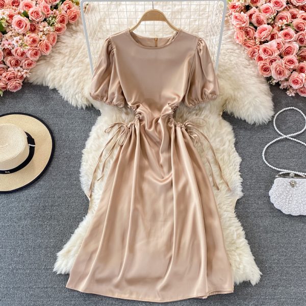 Round neck high waist puff sleeve satin dress female summer French light mature wind waist hollow open waist mid-length skirt - Image 4