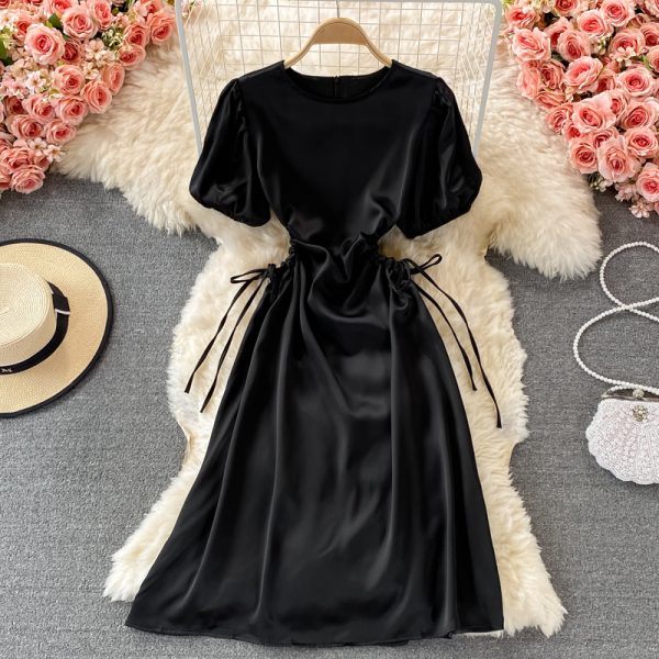 Round neck high waist puff sleeve satin dress female summer French light mature wind waist hollow open waist mid-length skirt - Image 5