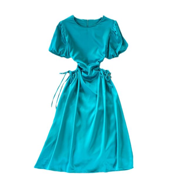 Round neck high waist puff sleeve satin dress female summer French light mature wind waist hollow open waist mid-length skirt - Image 6