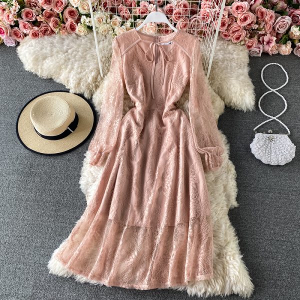 New Women's Clothing French Style Retro Long Sleeve Solid Color Lace Dress Design Sense Niche Waist-Tight Temperament Lady - Image 2