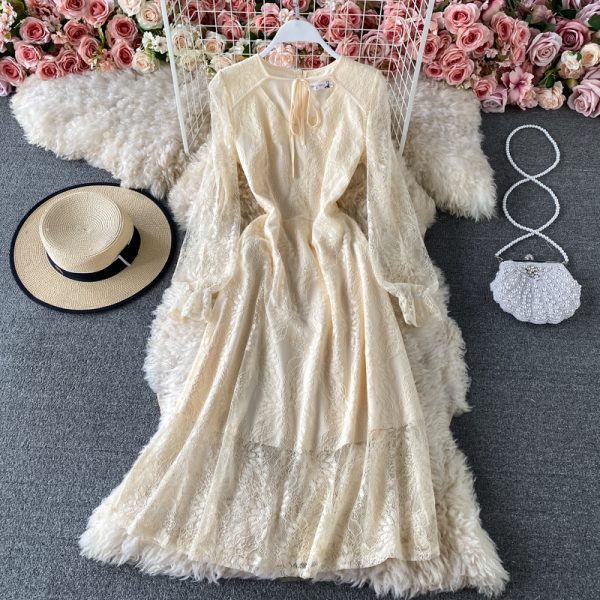 New Women's Clothing French Style Retro Long Sleeve Solid Color Lace Dress Design Sense Niche Waist-Tight Temperament Lady - Image 3