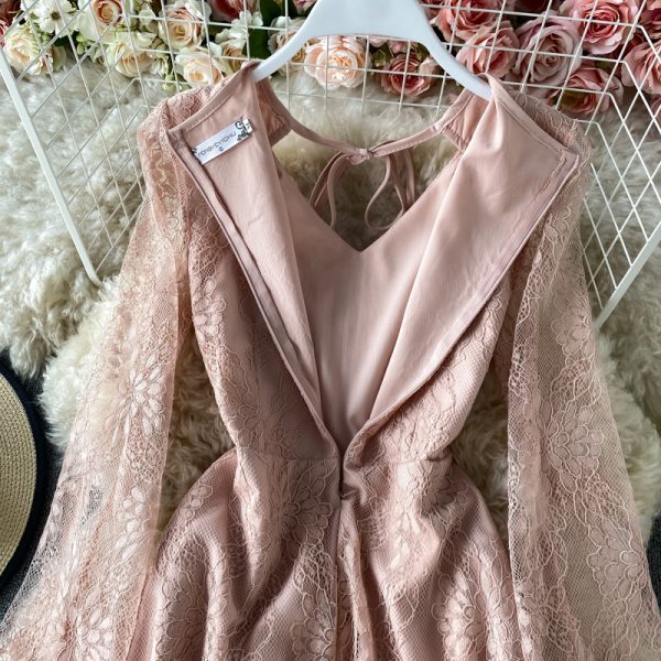 New Women's Clothing French Style Retro Long Sleeve Solid Color Lace Dress Design Sense Niche Waist-Tight Temperament Lady - Image 5