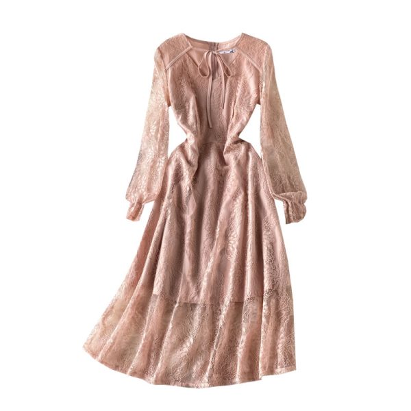 New Women's Clothing French Style Retro Long Sleeve Solid Color Lace Dress Design Sense Niche Waist-Tight Temperament Lady - Image 6