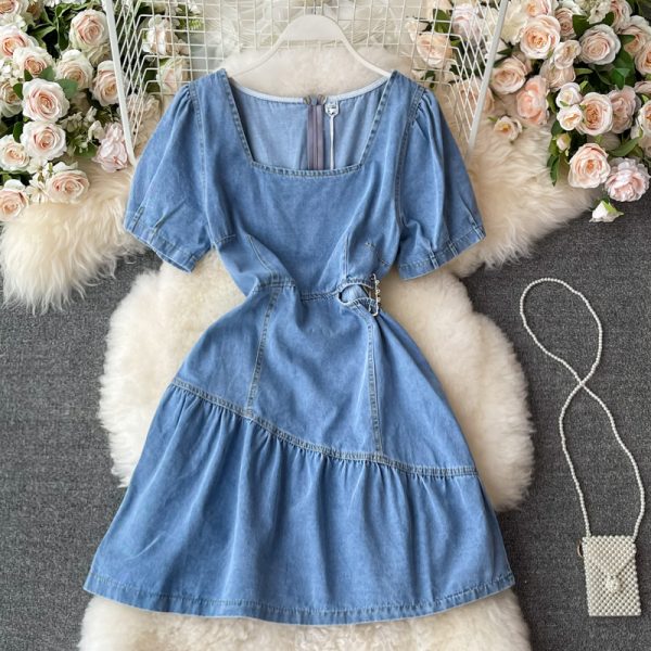 Summer Korean Style Ins Retro Hollow-out Midriff Denim Dress Women's Tight Waist Square Collar Ruffled A- line Skirt Short Skirt - Image 2