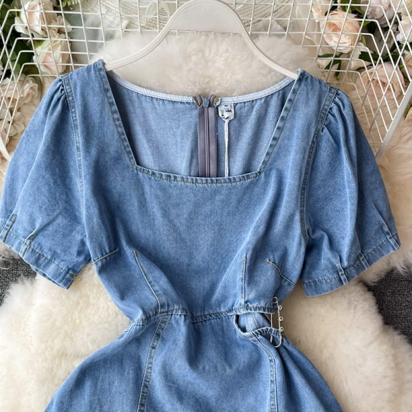 Summer Korean Style Ins Retro Hollow-out Midriff Denim Dress Women's Tight Waist Square Collar Ruffled A- line Skirt Short Skirt - Image 3
