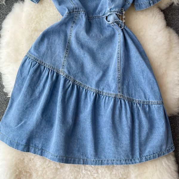 Summer Korean Style Ins Retro Hollow-out Midriff Denim Dress Women's Tight Waist Square Collar Ruffled A- line Skirt Short Skirt - Image 4