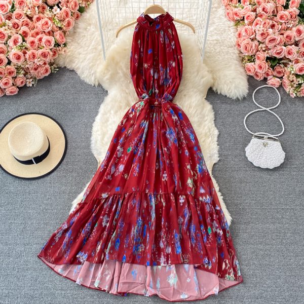 Printed Halter off-the-Shoulder Dress Sleeveless Summer French Elegance Large Swing Dress