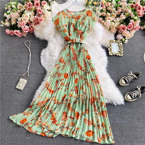 Floral chiffon dress new holiday wind brim round collar feifei sleeve closed posed long pleated skirt waist show thin - Image 5