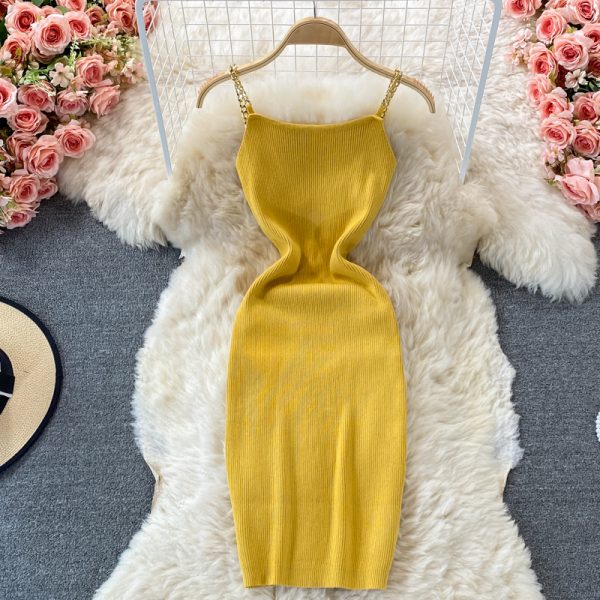Summer New Sexy Knitted Chain Vest Skirt Mid-Length Strap Slim Slimming Sheath Dress - Image 2