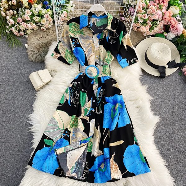 Retro printed shirt skirt to show thin temperament super fairy's department to collect waist dress with short sleeves - Image 2