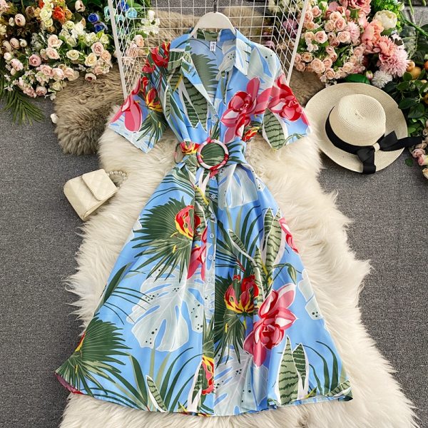 Retro printed shirt skirt to show thin temperament super fairy's department to collect waist dress with short sleeves - Image 4