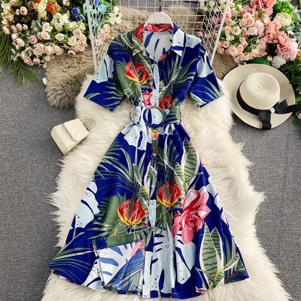 Retro printed shirt skirt to show thin temperament super fairy's department to collect waist dress with short sleeves - Image 5