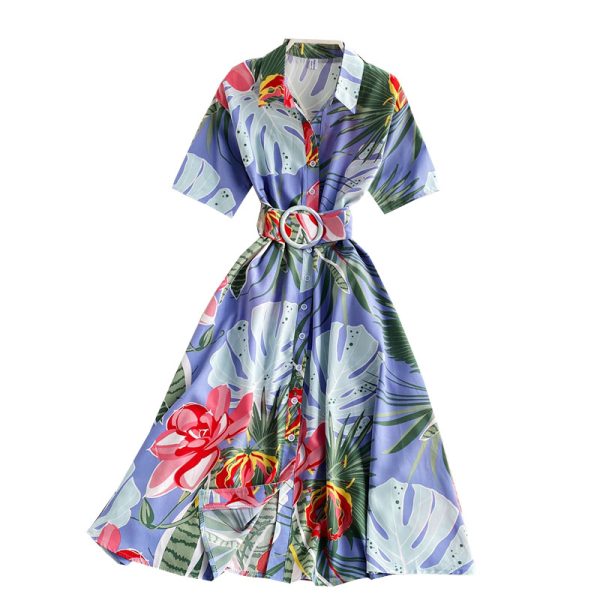 Retro printed shirt skirt to show thin temperament super fairy's department to collect waist dress with short sleeves - Image 6