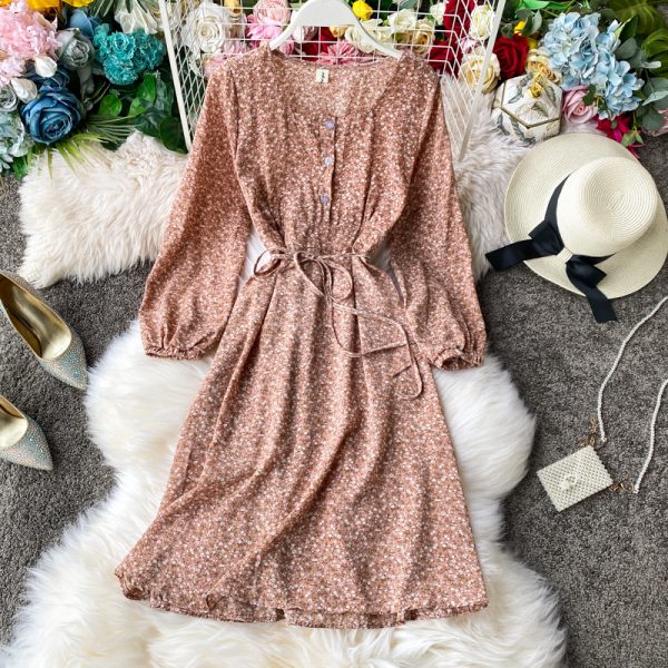 Small fresh square-neck long-sleeved floral skirt mid-length chiffon dress with over-the-knee waist and thin temperament - Image 3