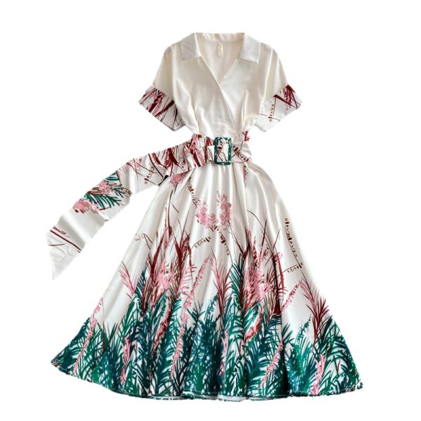 new spring and summer high-end short-sleeved elegant temperament retro print large-length skirt V-neck dress - Image 6