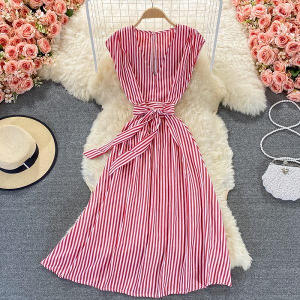 Royal sister light mature style striped V-neck dress  new women's summer waist waist was thin and high temperament long skirt - Image 2