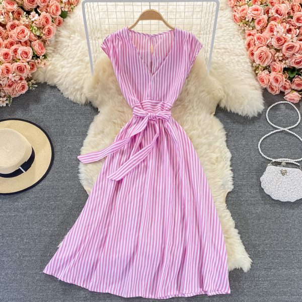 Royal sister light mature style striped V-neck dress  new women's summer waist waist was thin and high temperament long skirt - Image 3