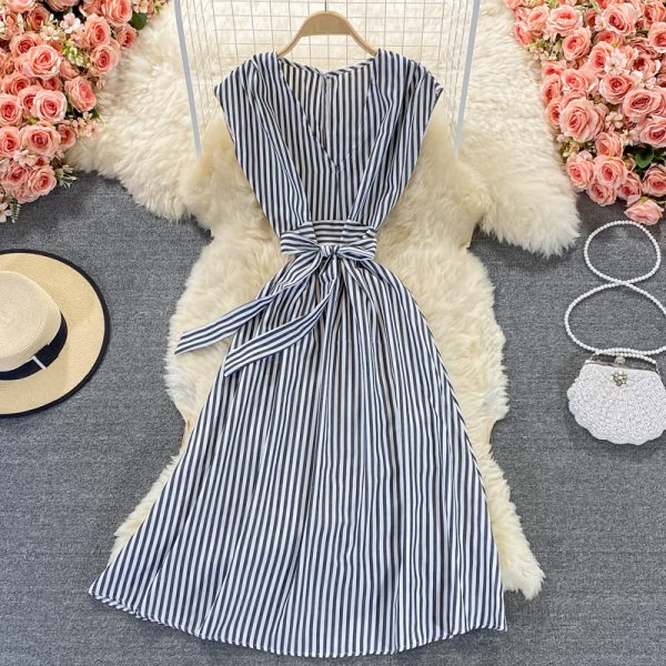 Royal sister light mature style striped V-neck dress  new women's summer waist waist was thin and high temperament long skirt - Image 5
