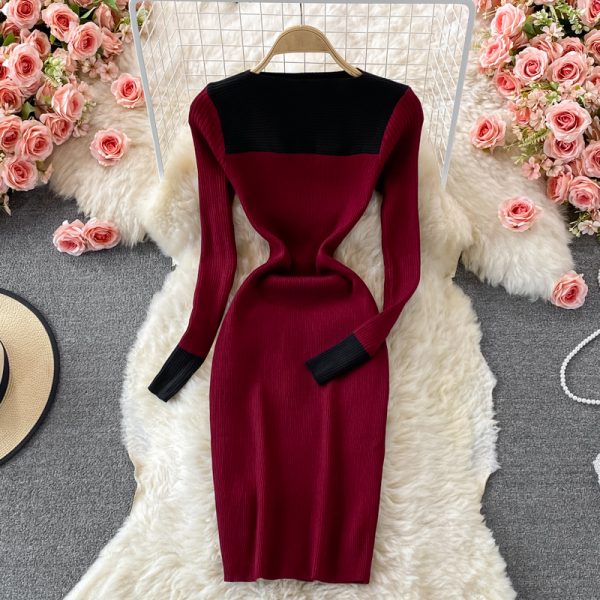 Stand Collar Stretch Knitted Dress Women's Temperament Mid-Length Skinny Hip Skirt Autumn and Winter Slim Fit Base Sweater Dress - Image 2