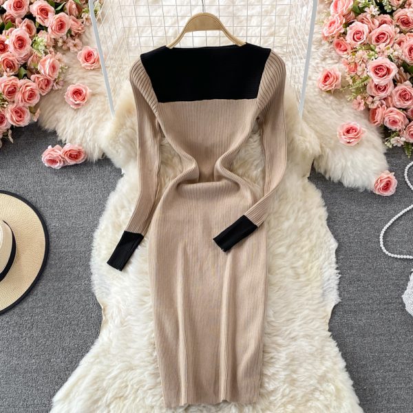 Stand Collar Stretch Knitted Dress Women's Temperament Mid-Length Skinny Hip Skirt Autumn and Winter Slim Fit Base Sweater Dress - Image 3