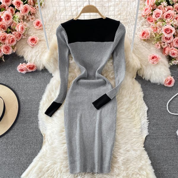 Stand Collar Stretch Knitted Dress Women's Temperament Mid-Length Skinny Hip Skirt Autumn and Winter Slim Fit Base Sweater Dress - Image 4