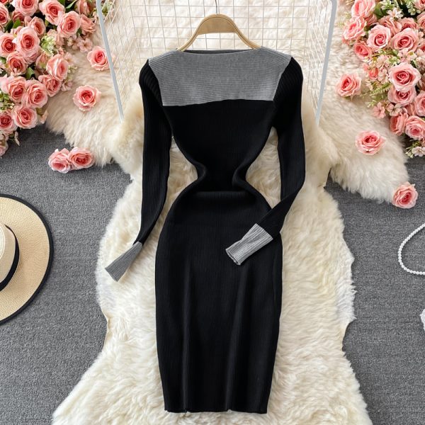 Stand Collar Stretch Knitted Dress Women's Temperament Mid-Length Skinny Hip Skirt Autumn and Winter Slim Fit Base Sweater Dress - Image 5