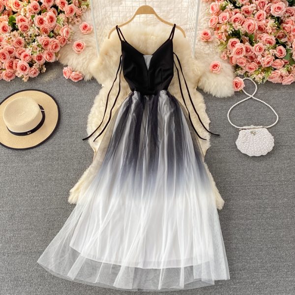 Fashionable Evening Dress for Women Ladies Banquet Elegant Slimming Host V-neck off-Shoulder Mesh Dress Large Swing Dress - Image 5