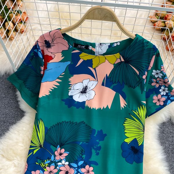 summer New Elegant Graceful round Neck Short Sleeve Floral Mid-Length Slim Fit Slimming Flounce Dress - Image 3