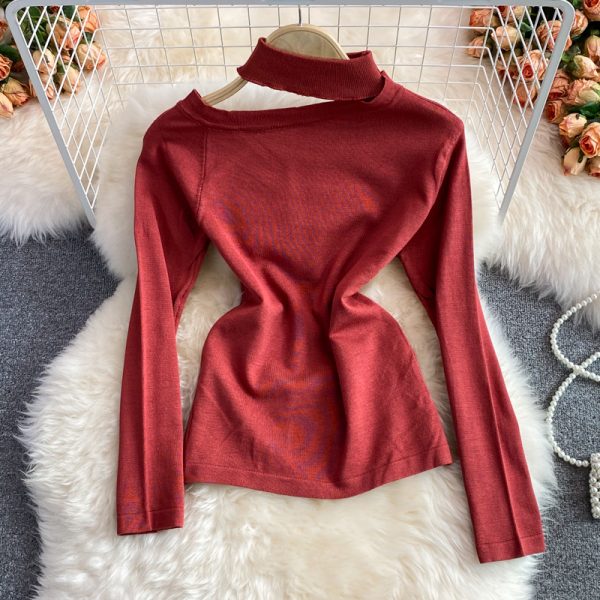 autumn and winter Korean style hanging neck unilateral off-shoulder short long-sleeved tight stretch bottoming sweater