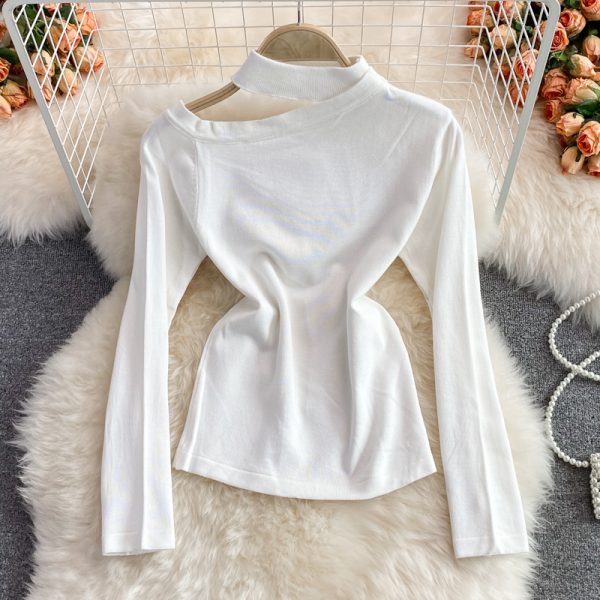autumn and winter Korean style hanging neck unilateral off-shoulder short long-sleeved tight stretch bottoming sweater - Image 5