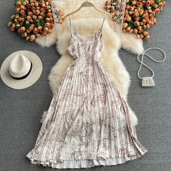 Seaside Holiday Floral Slip Dress Vest Chiffon Pleated Dress Women's Summer Slimming Temperament Fairy Long Dress - Image 5