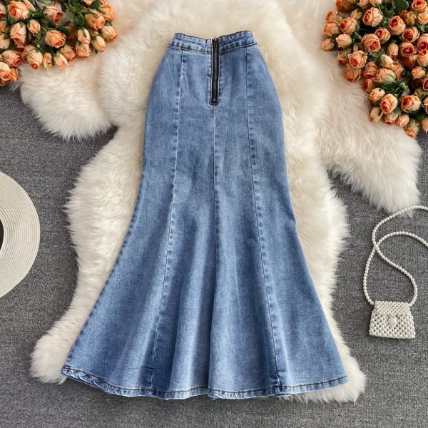 Denim High Waist Slit Skirt Women's A- line Skirt Ruffled Mid-Length below the Knee Slim Fit Slimming Fishtail Hip Skirt - Image 5