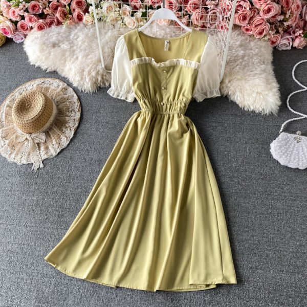 Retro Fake Two Pieces Square Collar Dress Short Sleeve Spring New Elegant Chic Waist-Tight Lady Mid-Length Skirt - Image 2