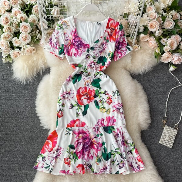 Summer New Lightly Mature Elegant V-neck Women's Waist Slimming Slim Fit Sheath Print Fishtail Dress - Image 2