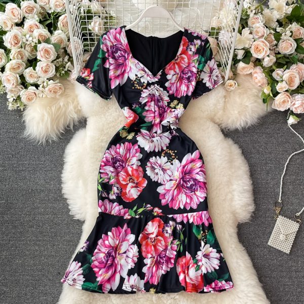 Summer New Lightly Mature Elegant V-neck Women's Waist Slimming Slim Fit Sheath Print Fishtail Dress - Image 3