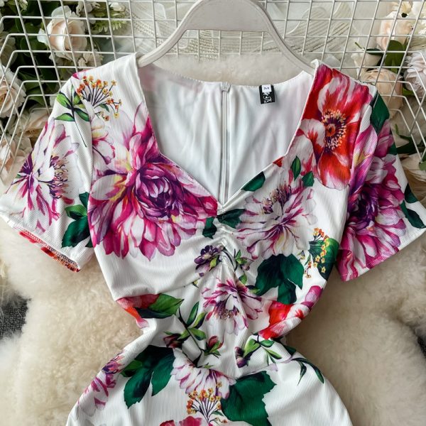 Summer New Lightly Mature Elegant V-neck Women's Waist Slimming Slim Fit Sheath Print Fishtail Dress - Image 4