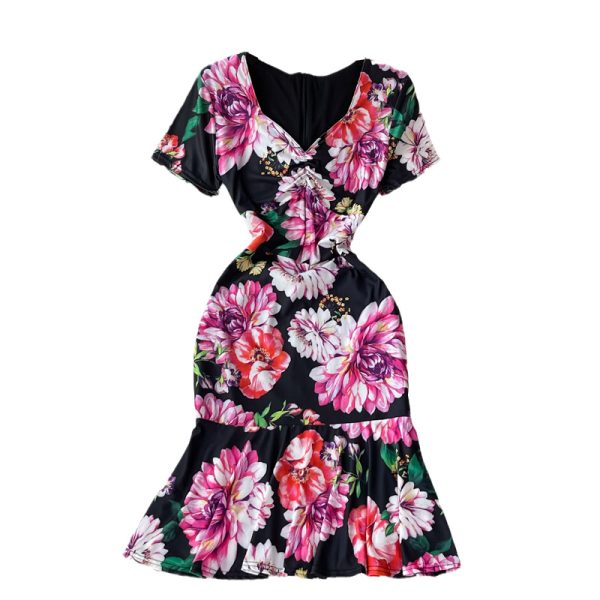Summer New Lightly Mature Elegant V-neck Women's Waist Slimming Slim Fit Sheath Print Fishtail Dress - Image 6
