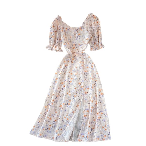 Summer New French Style Temperament Square Collar Mid-Length Tight Waist Bubble Sleeve Split Floral Chiffon Dress for Women - Image 6
