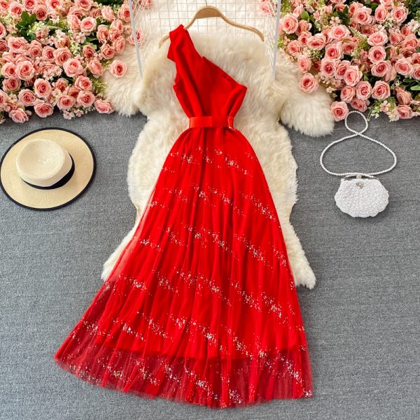 Evening dress aura queen banquet temperament ladies oblique collar unilateral off-shoulder dress elegant long skirt - Image 4