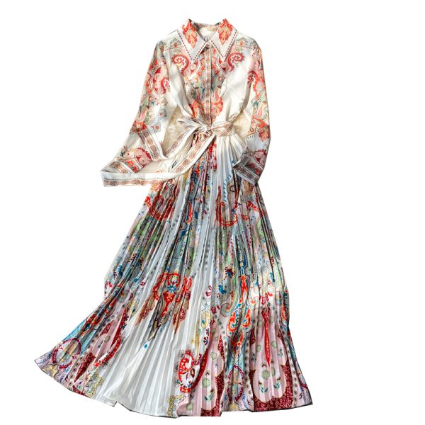 Early autumn French long skirt, positioning printing, waist is thin, ladies shirt skirt, big pleated dress, long sleeves - Image 7