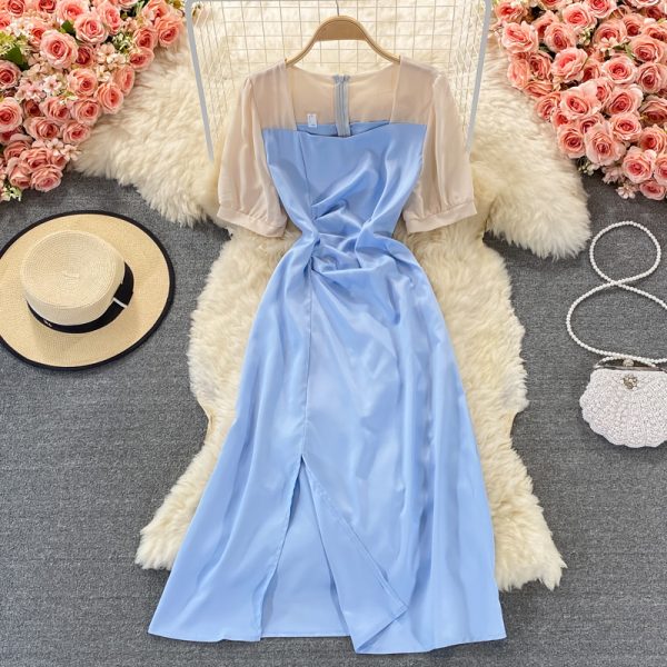 French Style Slim-Fit Assorted Colors Dress Summer Women's Mid-Length Gentle Square Collar Split Temperament Long Dress New