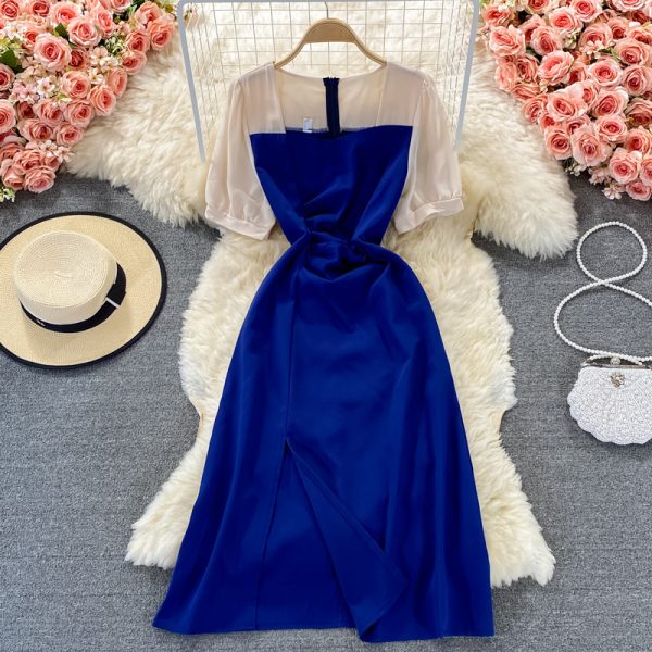 French Style Slim-Fit Assorted Colors Dress Summer Women's Mid-Length Gentle Square Collar Split Temperament Long Dress New - Image 3