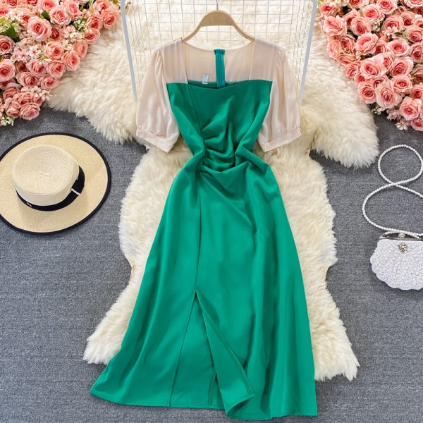 French Style Slim-Fit Assorted Colors Dress Summer Women's Mid-Length Gentle Square Collar Split Temperament Long Dress New - Image 4