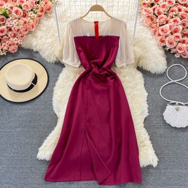 French Style Slim-Fit Assorted Colors Dress Summer Women's Mid-Length Gentle Square Collar Split Temperament Long Dress New - Image 5