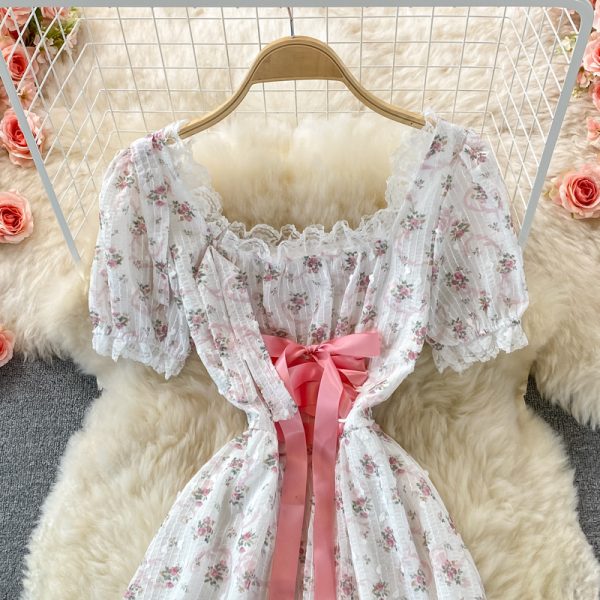 Summer New Women's Gentle French First Love Sweet Pink Floral Chiffon Puff Sleeve Square Collar Dress - Image 3