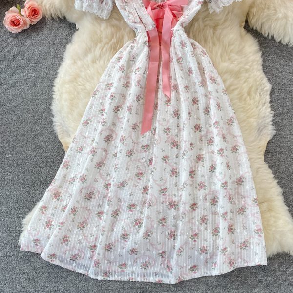 Summer New Women's Gentle French First Love Sweet Pink Floral Chiffon Puff Sleeve Square Collar Dress - Image 4