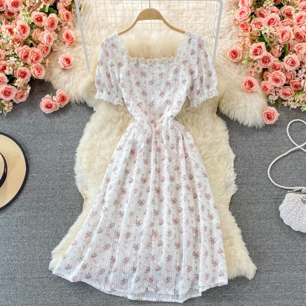 Summer New Women's Gentle French First Love Sweet Pink Floral Chiffon Puff Sleeve Square Collar Dress - Image 5